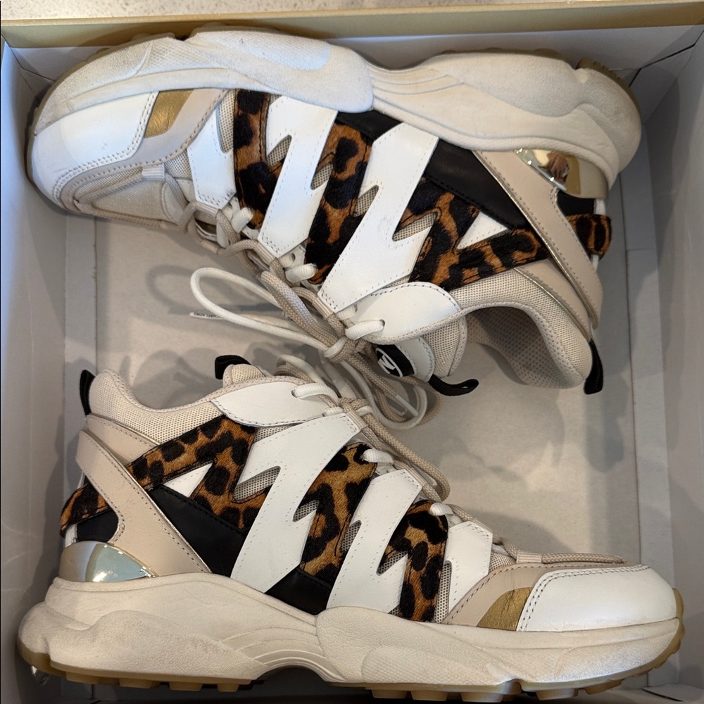 Michael Kors Hero Trainer White and Leopard Print Sneakers